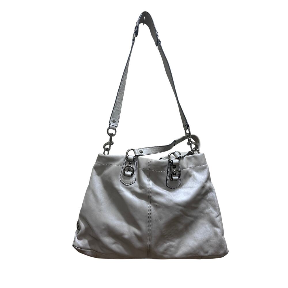 Coach Madison Op Art Leather Shoulder Bag Cream Silvery Hobo Tote Purse F15513 - Picture 2 of 8